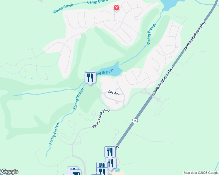 map of restaurants, bars, coffee shops, grocery stores, and more near 30 Lakeview Court in Zion Crossroads