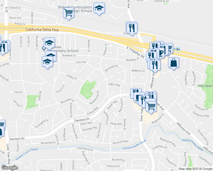 map of restaurants, bars, coffee shops, grocery stores, and more near 3110 Harbour Drive in Antioch