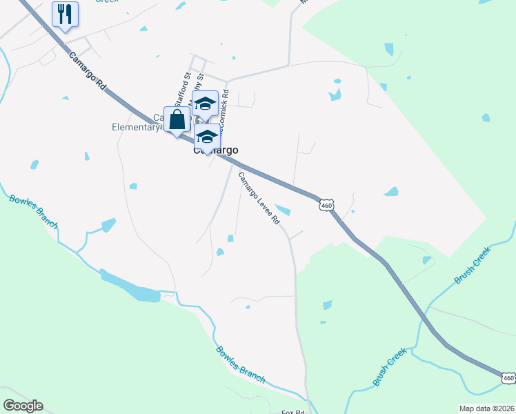 map of restaurants, bars, coffee shops, grocery stores, and more near 4739 Camargo Levee Road in Camargo