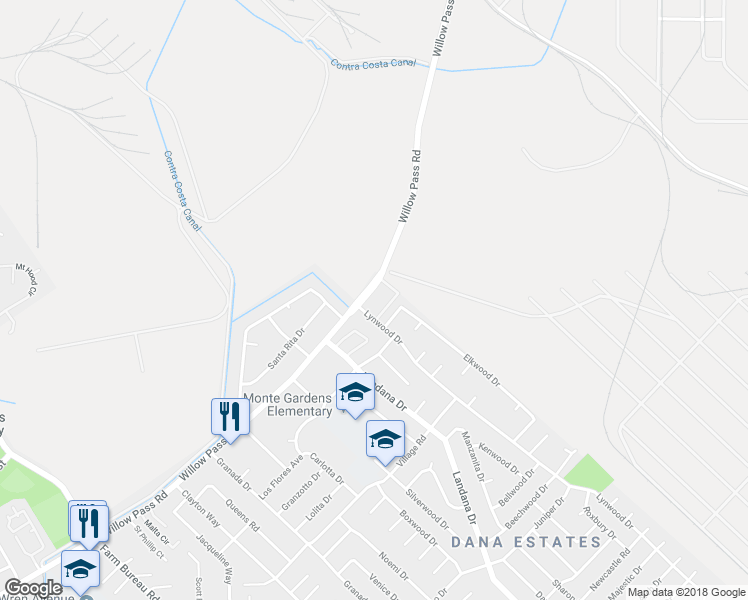 map of restaurants, bars, coffee shops, grocery stores, and more near 4002 Willow Pass Road in Concord