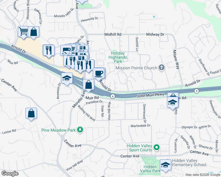 map of restaurants, bars, coffee shops, grocery stores, and more near 458 Eastgate Lane in Martinez
