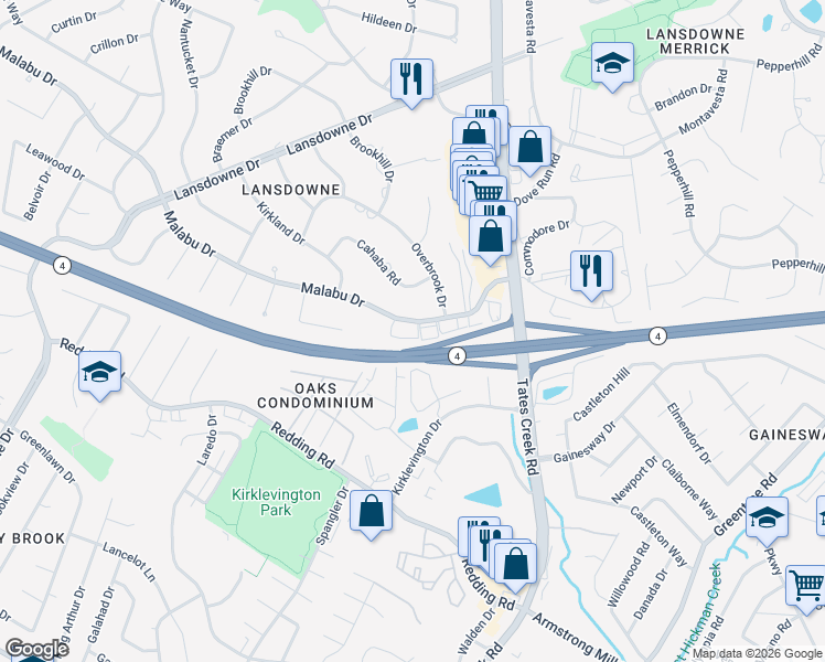 map of restaurants, bars, coffee shops, grocery stores, and more near 828 Malabu Drive in Lexington