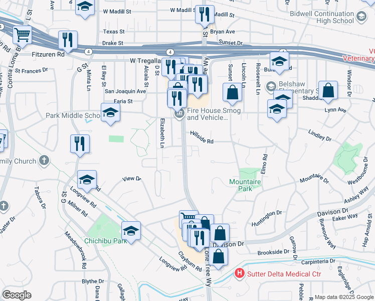 map of restaurants, bars, coffee shops, grocery stores, and more near 3091 Lone Tree Way in Antioch