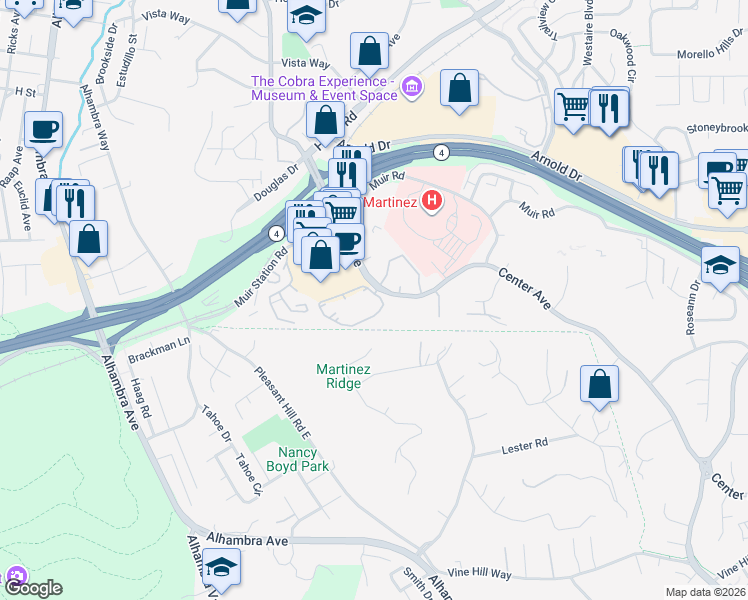 map of restaurants, bars, coffee shops, grocery stores, and more near 620 Center Avenue in Martinez