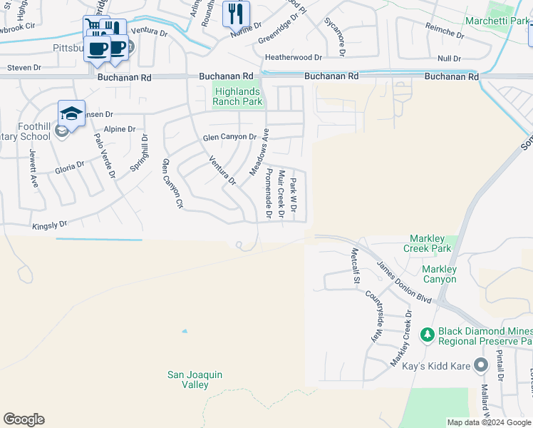 map of restaurants, bars, coffee shops, grocery stores, and more near 980 Promenade Drive in Pittsburg