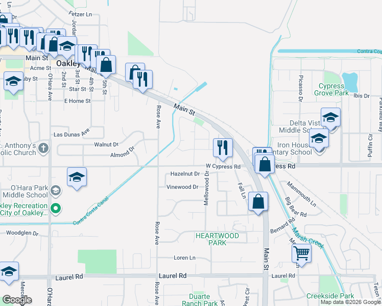 map of restaurants, bars, coffee shops, grocery stores, and more near 4525 Waterford Way in Oakley