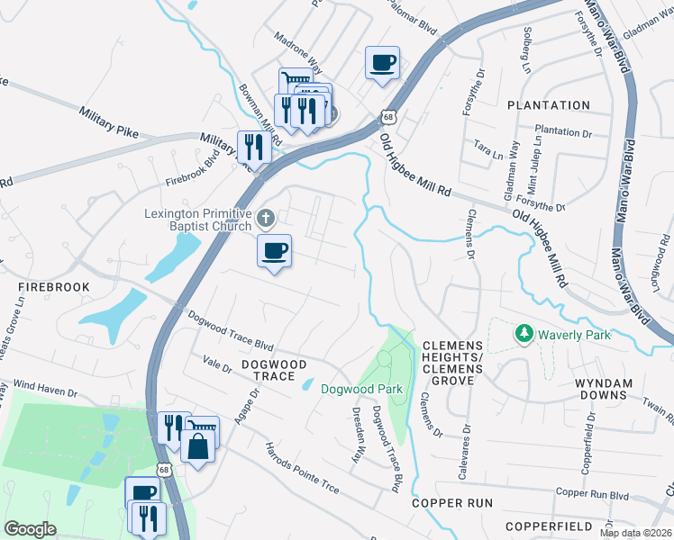 map of restaurants, bars, coffee shops, grocery stores, and more near 2405 English Station Drive in Lexington