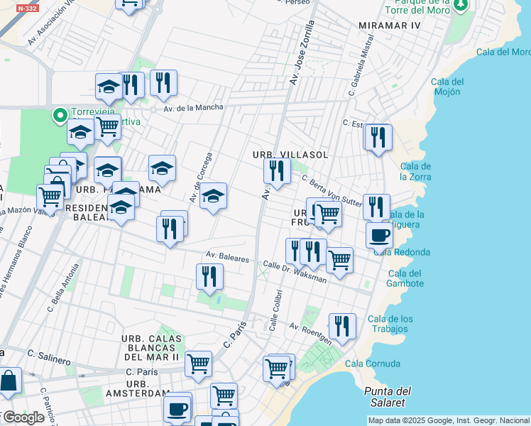 map of restaurants, bars, coffee shops, grocery stores, and more near 148 Avenida de Paris in Torrevieja