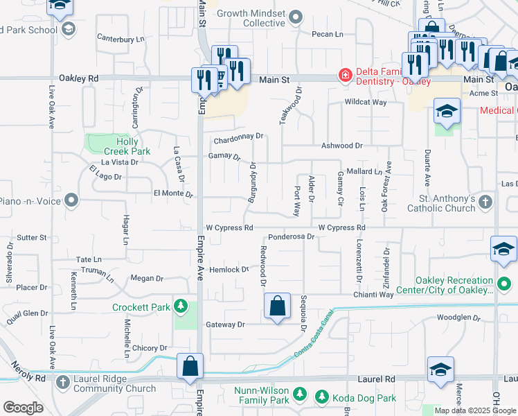 map of restaurants, bars, coffee shops, grocery stores, and more near 1810 Port Way in Oakley