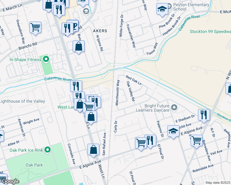 map of restaurants, bars, coffee shops, grocery stores, and more near 4108 Marchesotti Way in Stockton