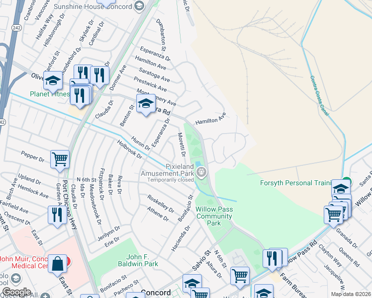 map of restaurants, bars, coffee shops, grocery stores, and more near 3396 Moretti Drive in Concord