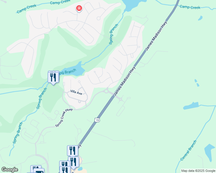 map of restaurants, bars, coffee shops, grocery stores, and more near 15 Whispering Woods Place in Zion Crossroads