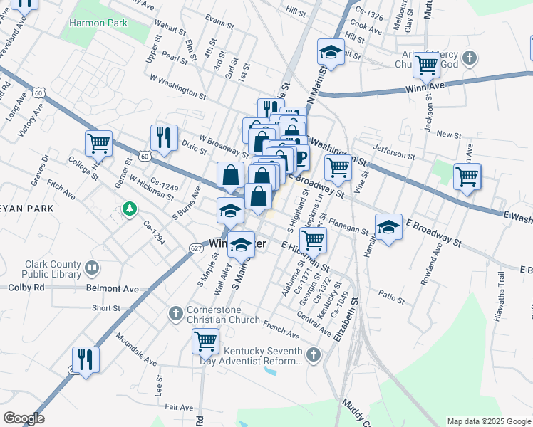 map of restaurants, bars, coffee shops, grocery stores, and more near 18 West Lexington Avenue in Winchester