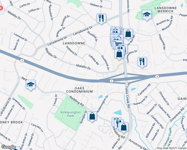 map of restaurants, bars, coffee shops, grocery stores, and more near 812 Malabu Drive in Lexington