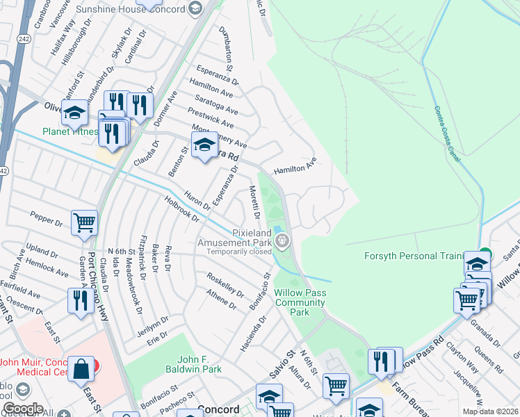 map of restaurants, bars, coffee shops, grocery stores, and more near 3396 Moretti Drive in Concord