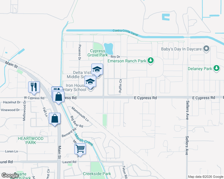 map of restaurants, bars, coffee shops, grocery stores, and more near 41 Blue Heron Court in Oakley