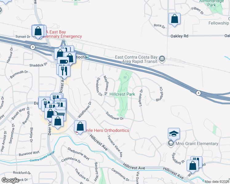 map of restaurants, bars, coffee shops, grocery stores, and more near 2859 Honeysuckle Circle in Antioch