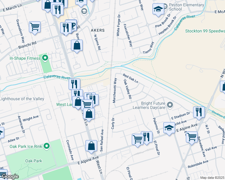 map of restaurants, bars, coffee shops, grocery stores, and more near 4108 Marchesotti Way in Stockton