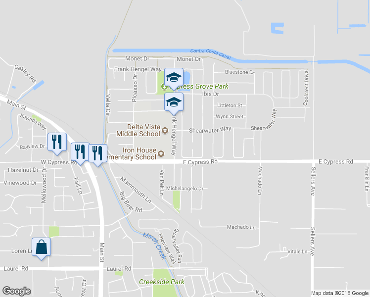 map of restaurants, bars, coffee shops, grocery stores, and more near 24 Puffin Circle in Oakley