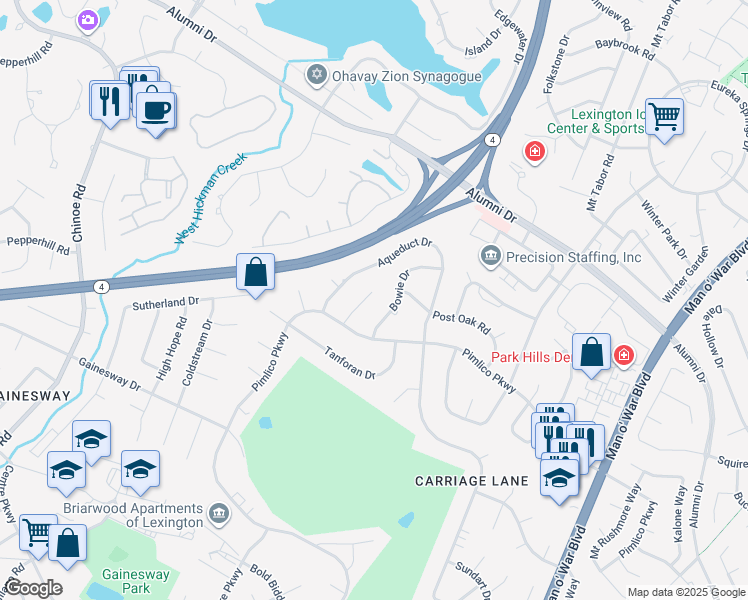 map of restaurants, bars, coffee shops, grocery stores, and more near 3263 Waterford Park in Lexington