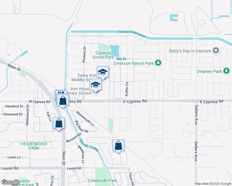 map of restaurants, bars, coffee shops, grocery stores, and more near 24 Puffin Circle in Oakley