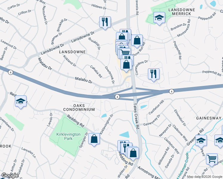 map of restaurants, bars, coffee shops, grocery stores, and more near 845 Malabu Drive in Lexington