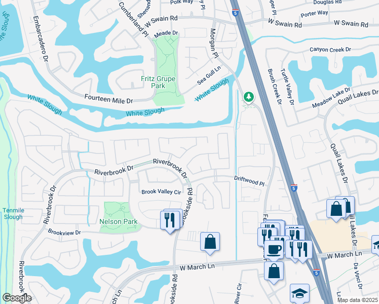 map of restaurants, bars, coffee shops, grocery stores, and more near 6815 Brook Falls Circle in Stockton