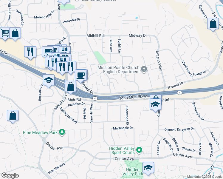 map of restaurants, bars, coffee shops, grocery stores, and more near 109 Fig Tree Lane in Martinez
