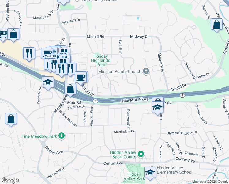 map of restaurants, bars, coffee shops, grocery stores, and more near 230 Hidden Creek Court in Martinez
