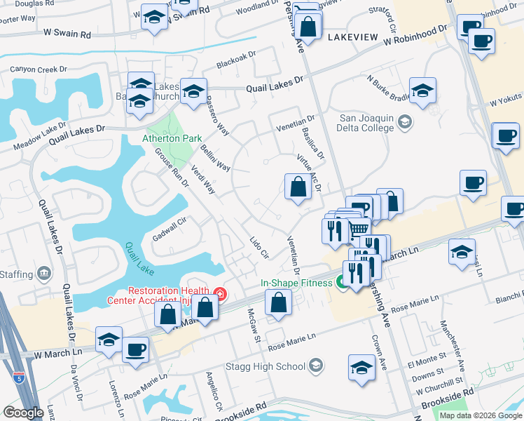 map of restaurants, bars, coffee shops, grocery stores, and more near 1557 Griffin Point in Stockton