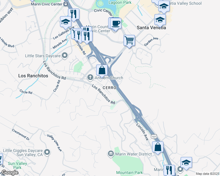 map of restaurants, bars, coffee shops, grocery stores, and more near 7 Merrydale Road in San Rafael