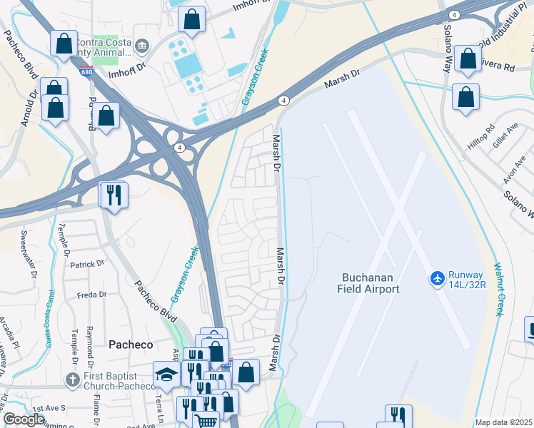 map of restaurants, bars, coffee shops, grocery stores, and more near 220 Aria Drive in Pacheco