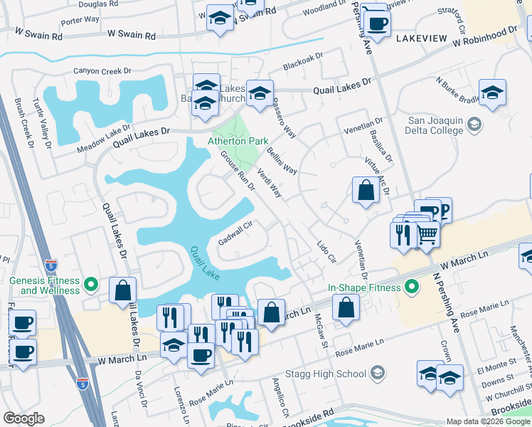 map of restaurants, bars, coffee shops, grocery stores, and more near 5222 Grouse Run Drive in Stockton