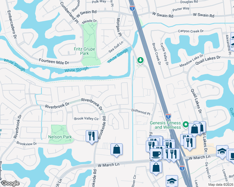 map of restaurants, bars, coffee shops, grocery stores, and more near 3171 Autumn Chase Circle in Stockton