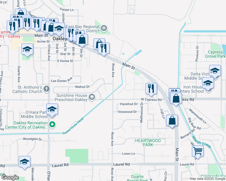 map of restaurants, bars, coffee shops, grocery stores, and more near 621 Almond Drive in Oakley