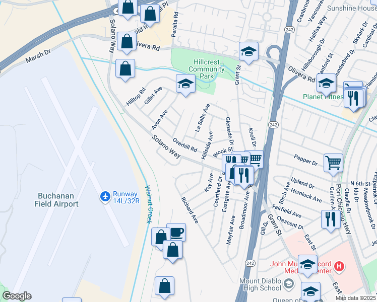 map of restaurants, bars, coffee shops, grocery stores, and more near 2029 Overhill Road in Concord