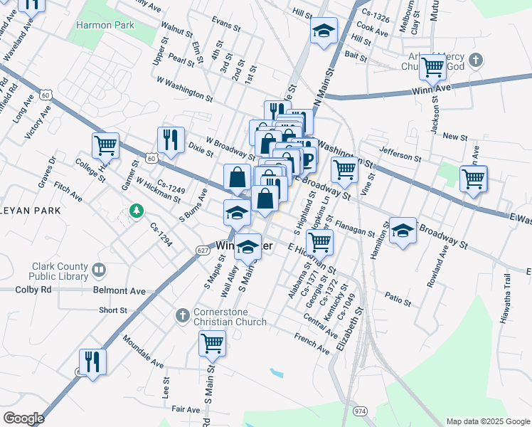 map of restaurants, bars, coffee shops, grocery stores, and more near 18 West Lexington Avenue in Winchester