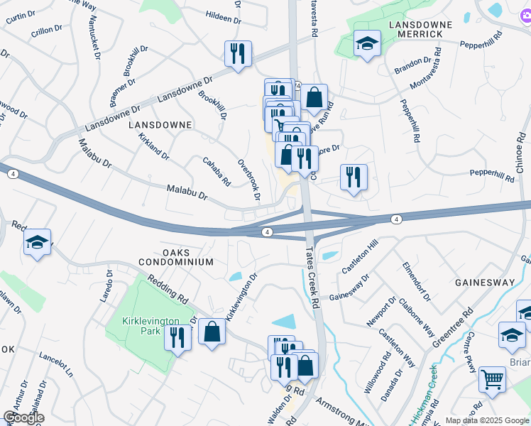 map of restaurants, bars, coffee shops, grocery stores, and more near 845 Malabu Drive in Lexington