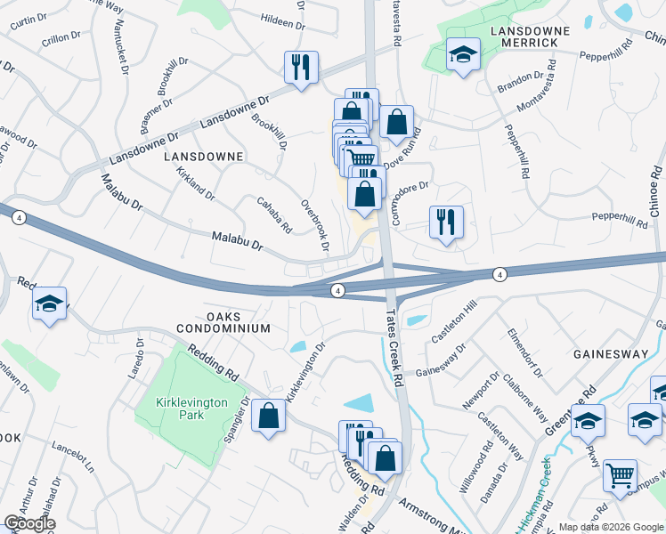 map of restaurants, bars, coffee shops, grocery stores, and more near 845 Malabu Drive in Lexington