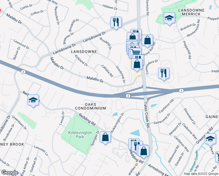 map of restaurants, bars, coffee shops, grocery stores, and more near 833 Malabu Drive in Lexington