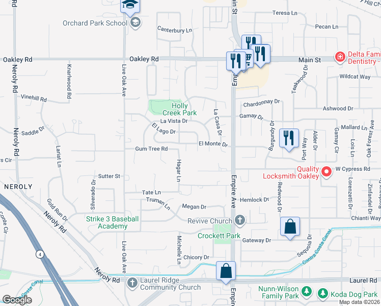 map of restaurants, bars, coffee shops, grocery stores, and more near 4588 El Monte Court in Oakley