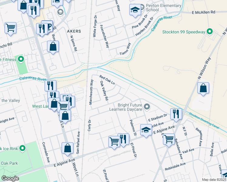 map of restaurants, bars, coffee shops, grocery stores, and more near 2119 Oak Branch Drive in Stockton