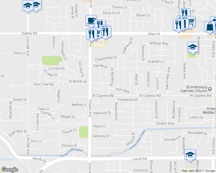 map of restaurants, bars, coffee shops, grocery stores, and more near 4631 Burgundy Drive in Oakley