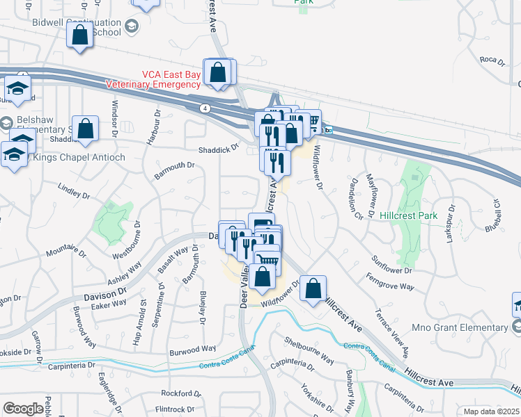 map of restaurants, bars, coffee shops, grocery stores, and more near 1513 Mellissa Circle in Antioch