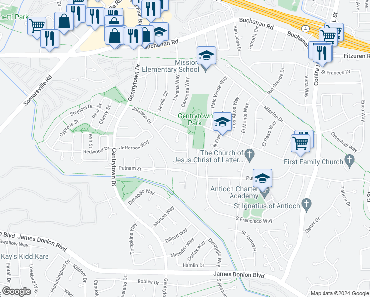 map of restaurants, bars, coffee shops, grocery stores, and more near 1800 Johnson Drive in Antioch
