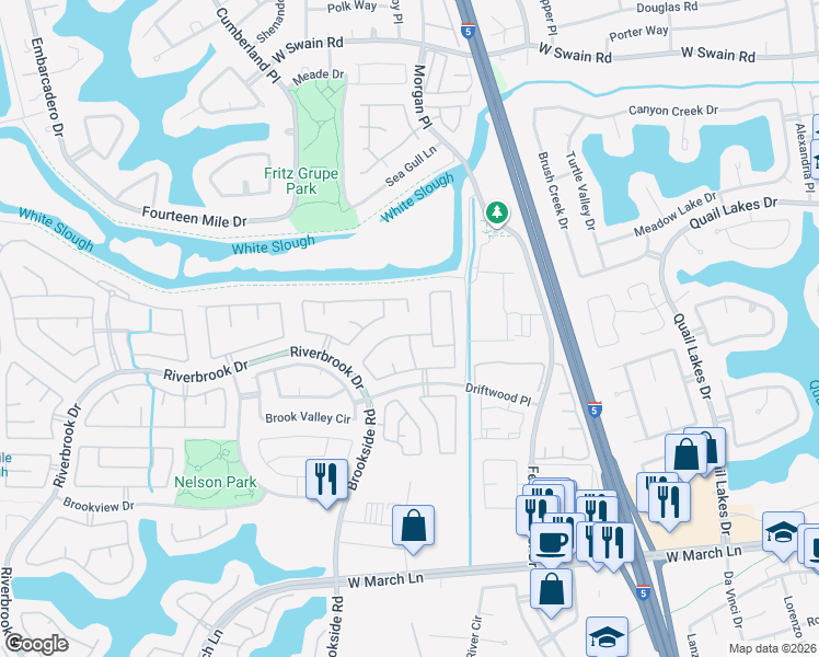 map of restaurants, bars, coffee shops, grocery stores, and more near 3183 Autumn Chase Circle in Stockton