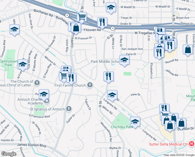 map of restaurants, bars, coffee shops, grocery stores, and more near 3049 Enea Way in Antioch