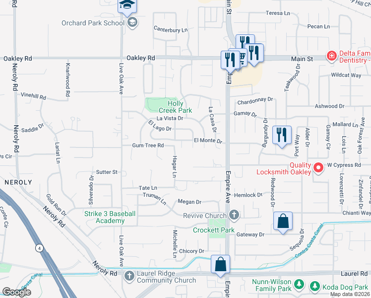map of restaurants, bars, coffee shops, grocery stores, and more near 4588 El Monte Court in Oakley