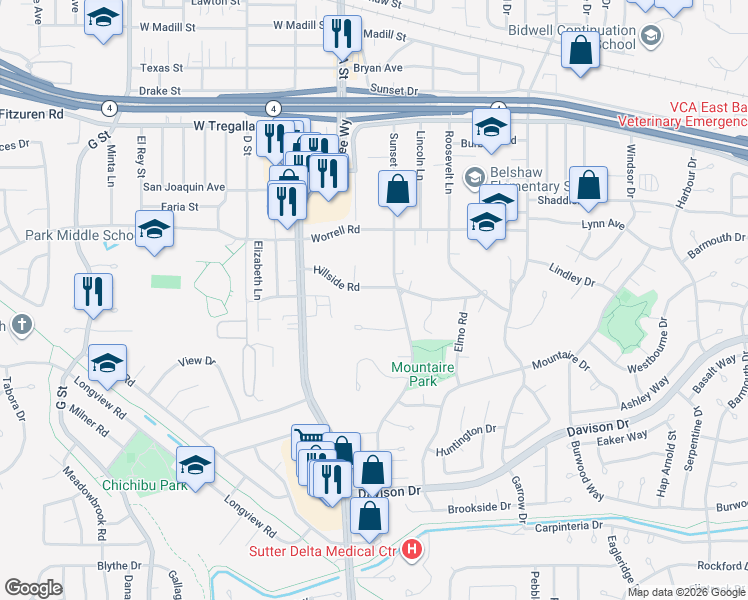 map of restaurants, bars, coffee shops, grocery stores, and more near 124 Hillside Rd in Antioch