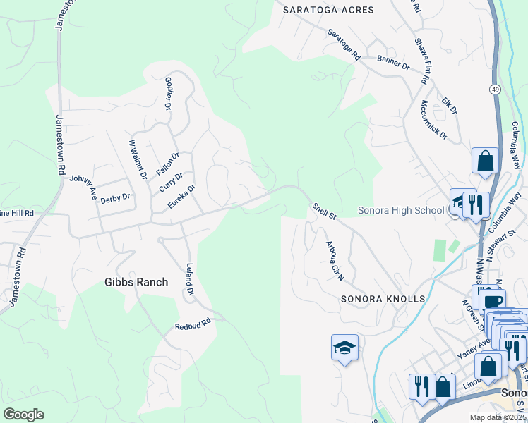 map of restaurants, bars, coffee shops, grocery stores, and more near 11365 Racetrack Road in Sonora
